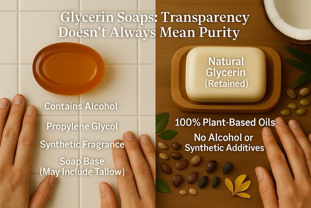 A split image comparing a clear commercial glycerin soap with alcohol and synthetic ingredients on one side, and TRiO’s creamy handmade glycerin soap made with natural oils and retained glycerin on the other.