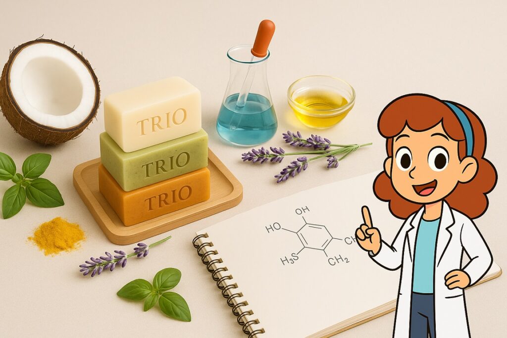 “Landscape header image showing three stacked TRiO soap bars engraved with ‘TRiO’ on a light wooden tray, surrounded by a halved coconut, turmeric powder, lavender sprigs, basil leaves, and a glass beaker with blue liquid; the Soap Scientist character stands to the right, pointing at a molecular sketch in an open notebook